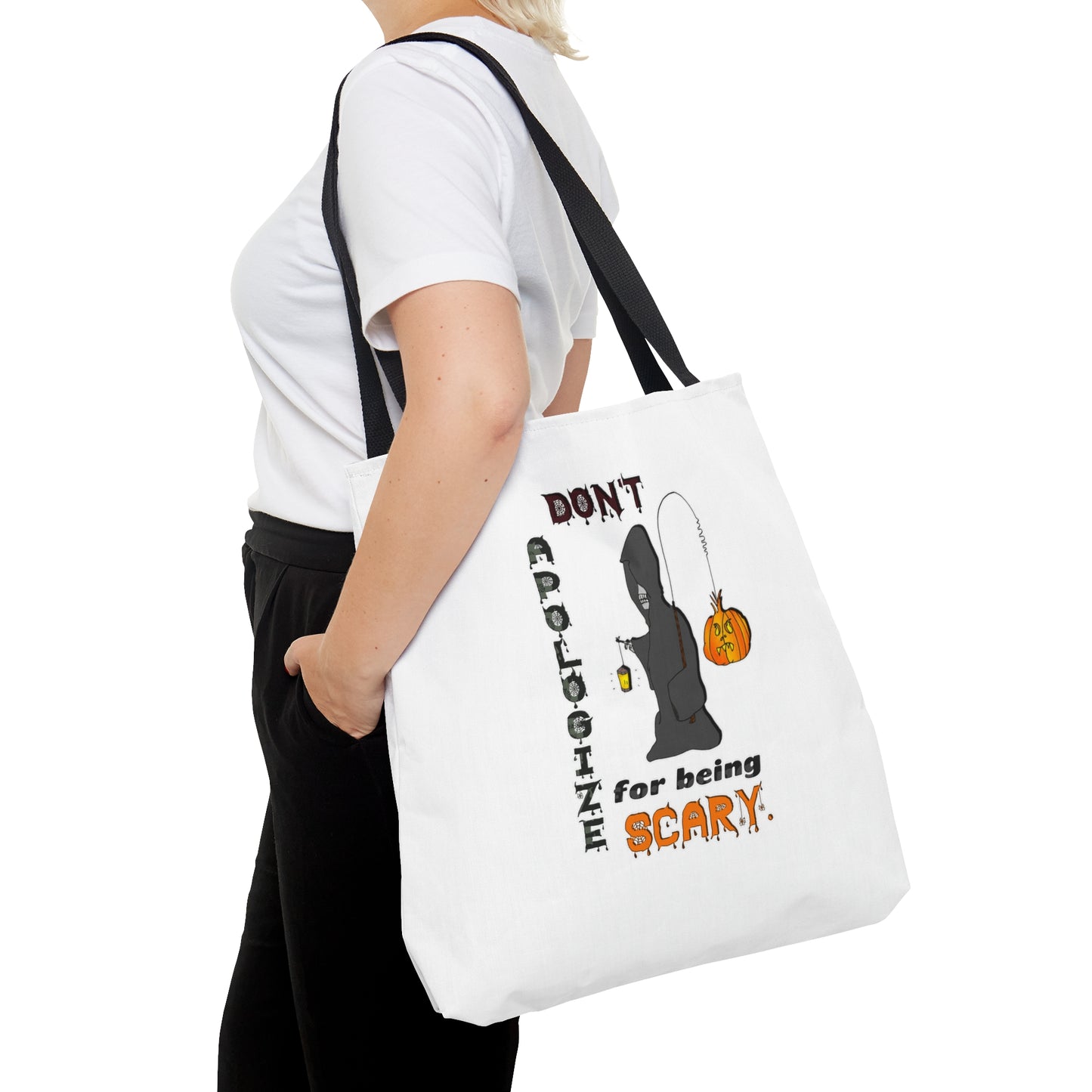 Halloween Large AOP Tote Bag - Don't Apologize For Being Scary. - Gift Bag - Trick or Treat - Candy Bag - Spirit Halloween