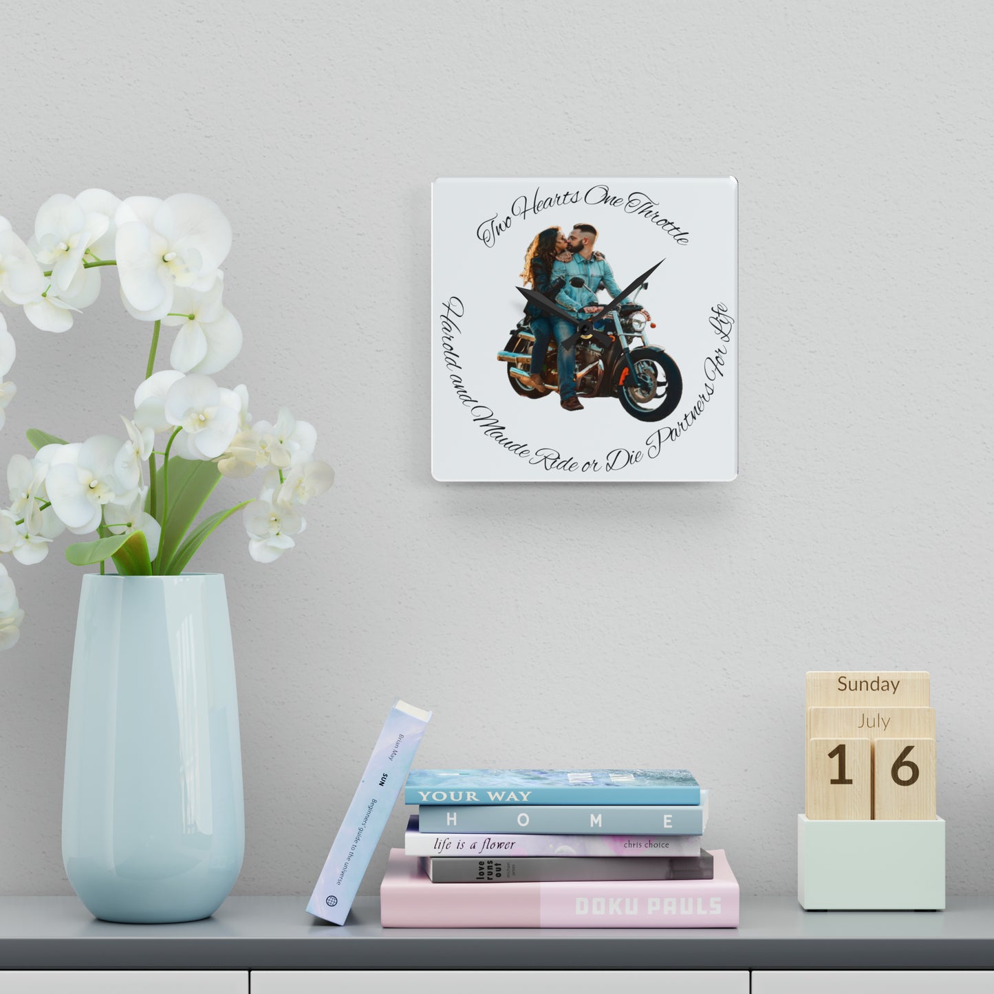 Personalized Acrylic Wall Clock Personalize With Names And Motorcycle Picture Two Hearts One Throttle Motorcycle Passion Biker Gift