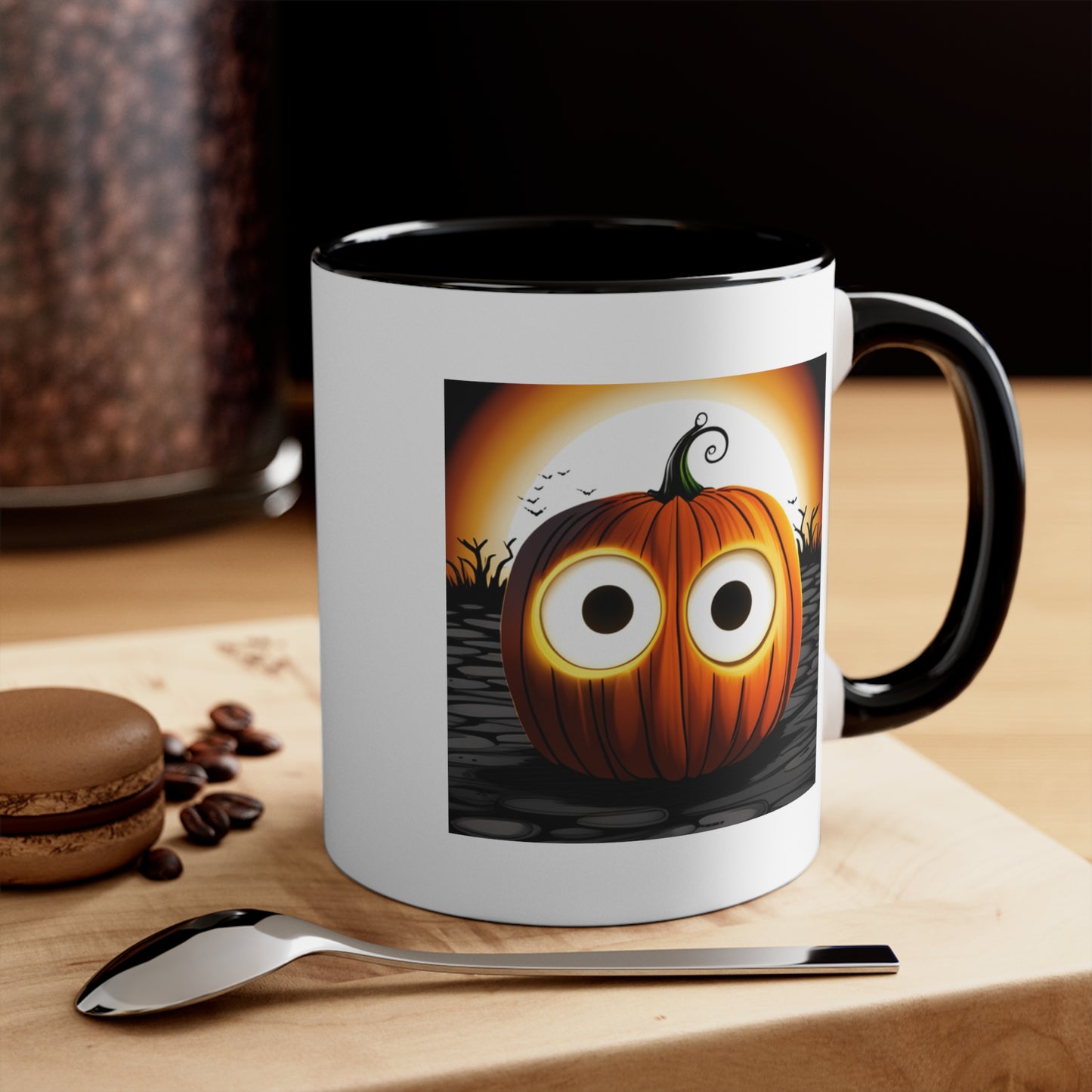 Halloween Coffee Mug - Pumpkin with Big Glowing Eyes. Spooky Cup, Coffee Lover, Gift Ideas, Halloween Decor