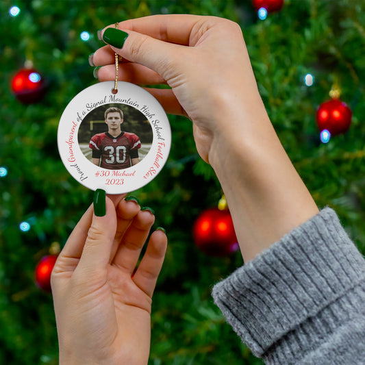 Personalized HIGH SCHOOL Sports Christmas Ornament - Personalized with School, Athlete Name and Number, Sport, Relationship, Year, and Picture