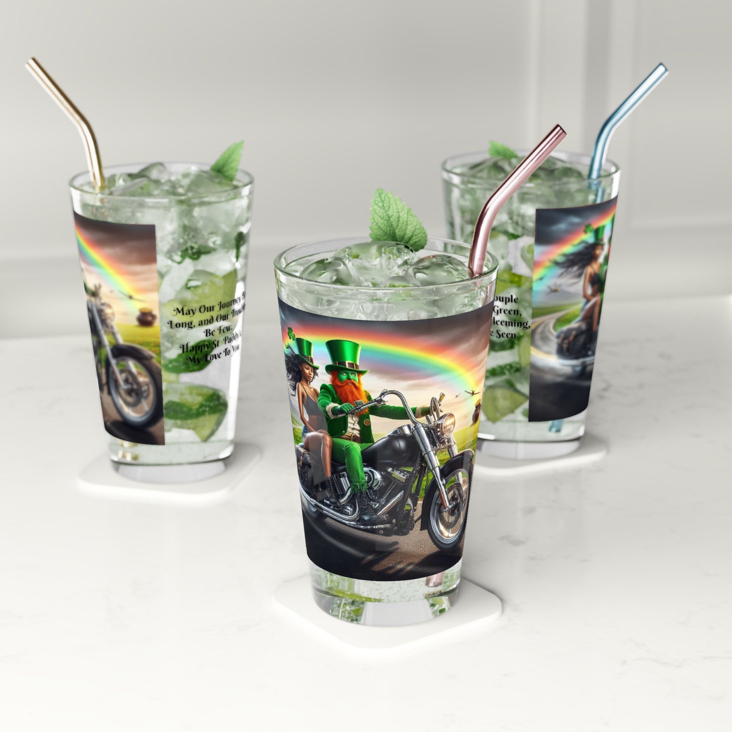 St Patrick's Day Pint Glass With Motorcycle Couple Riding a Green Bike And A Thoughtful Irish Style Toast For All Times Harley Couple