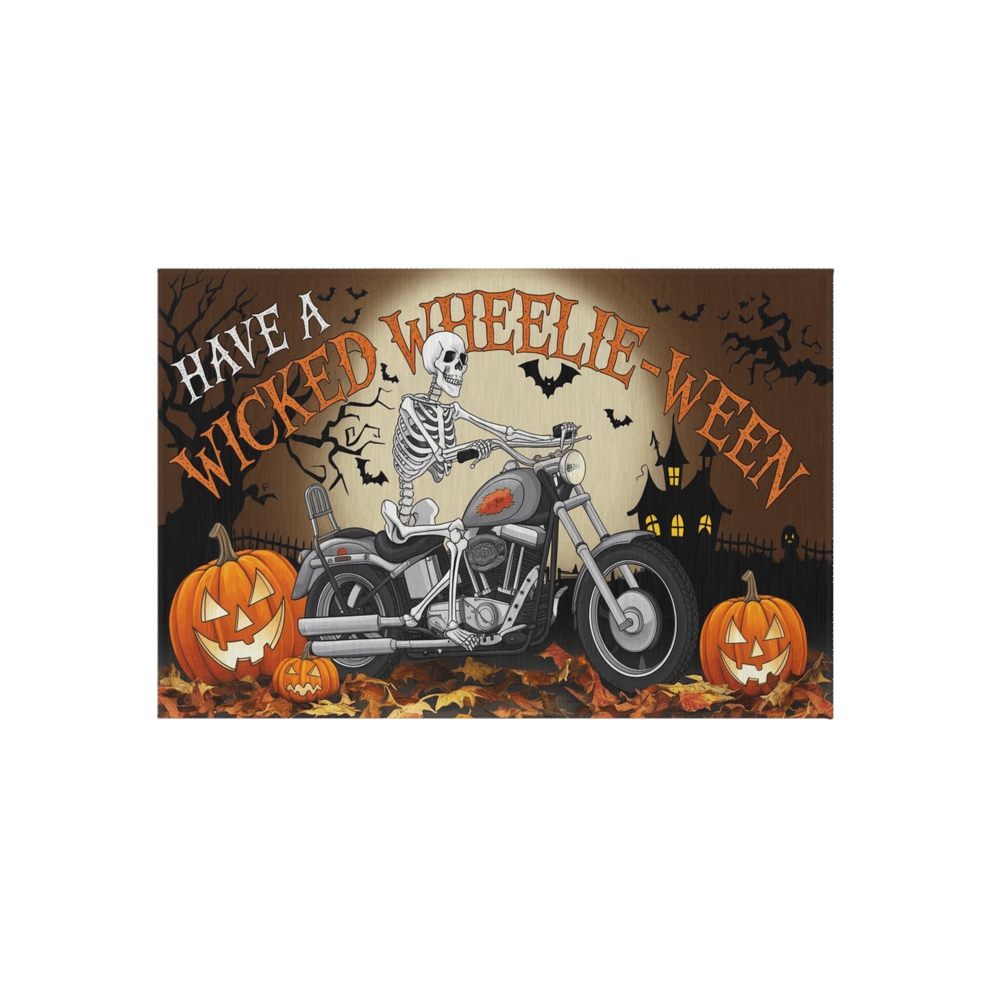 Wicked Wheelie-Ween Skeleton Biker" Outdoor Rug. Door Mat, or Larger Outdoor Venue