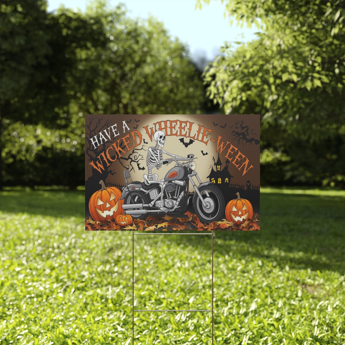 Wicked Wheelie-Ween Skeleton Biker Yard Sign - Spooky Halloween Decoration