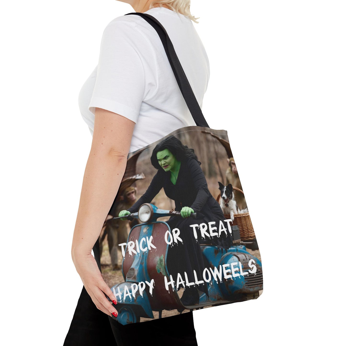 Spooky Halloween Tote Bag - Wicked Witch on Broken Scooter with Toto & Flying Monkeys | Perfect for Trick-or-Treating or Reusable Shopping!