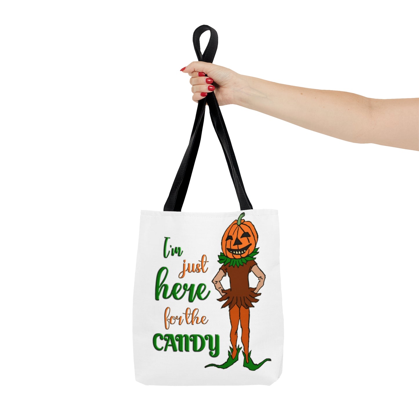 Halloween AOP Tote Bag - Im just here for the candy. Trick-or-treat, Candy Bag, Fall Season, Gift Ideas, Grocery Bag, Pumpkin Bag