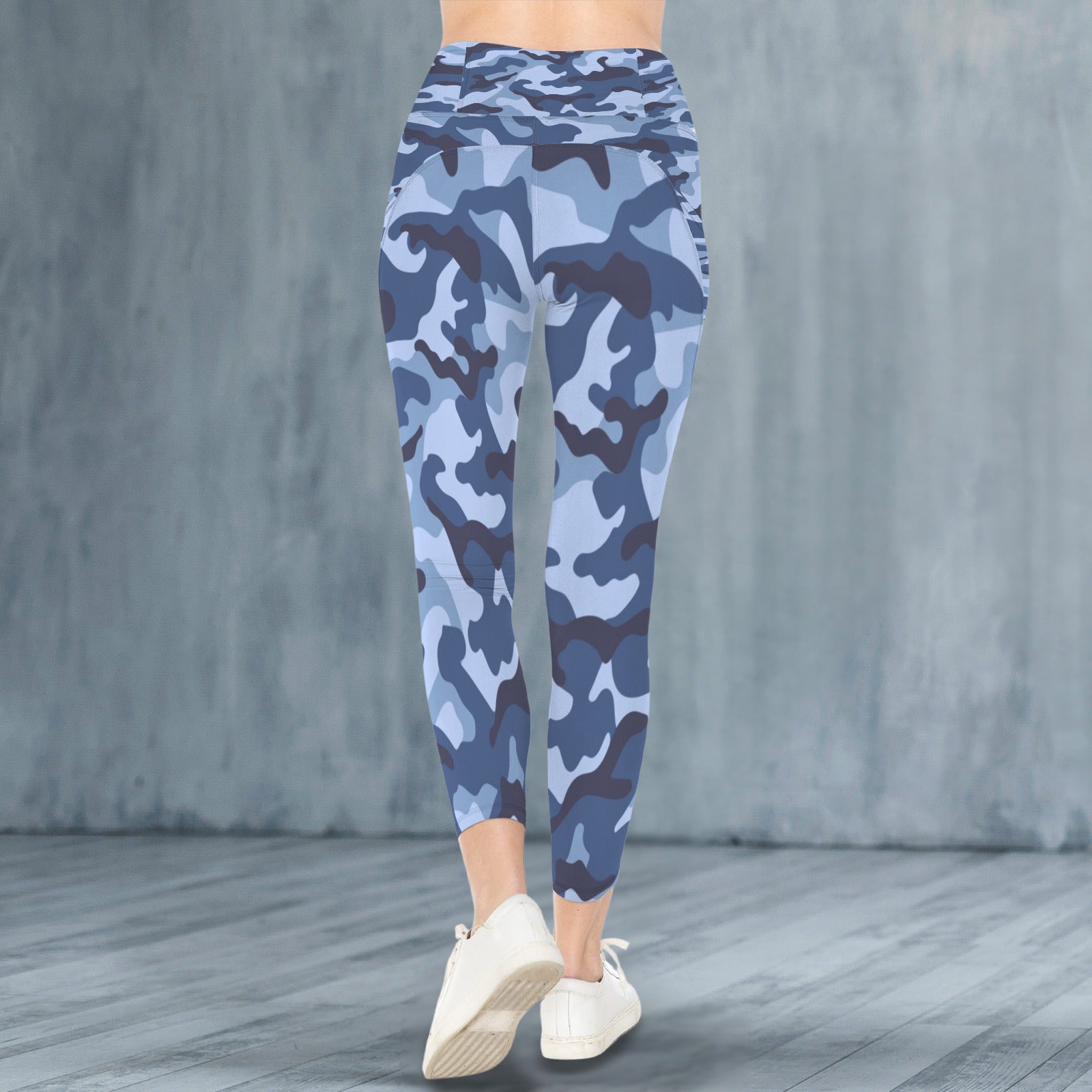 Blue Light Blue and Black Pattern Cammo Leggings With Pocket