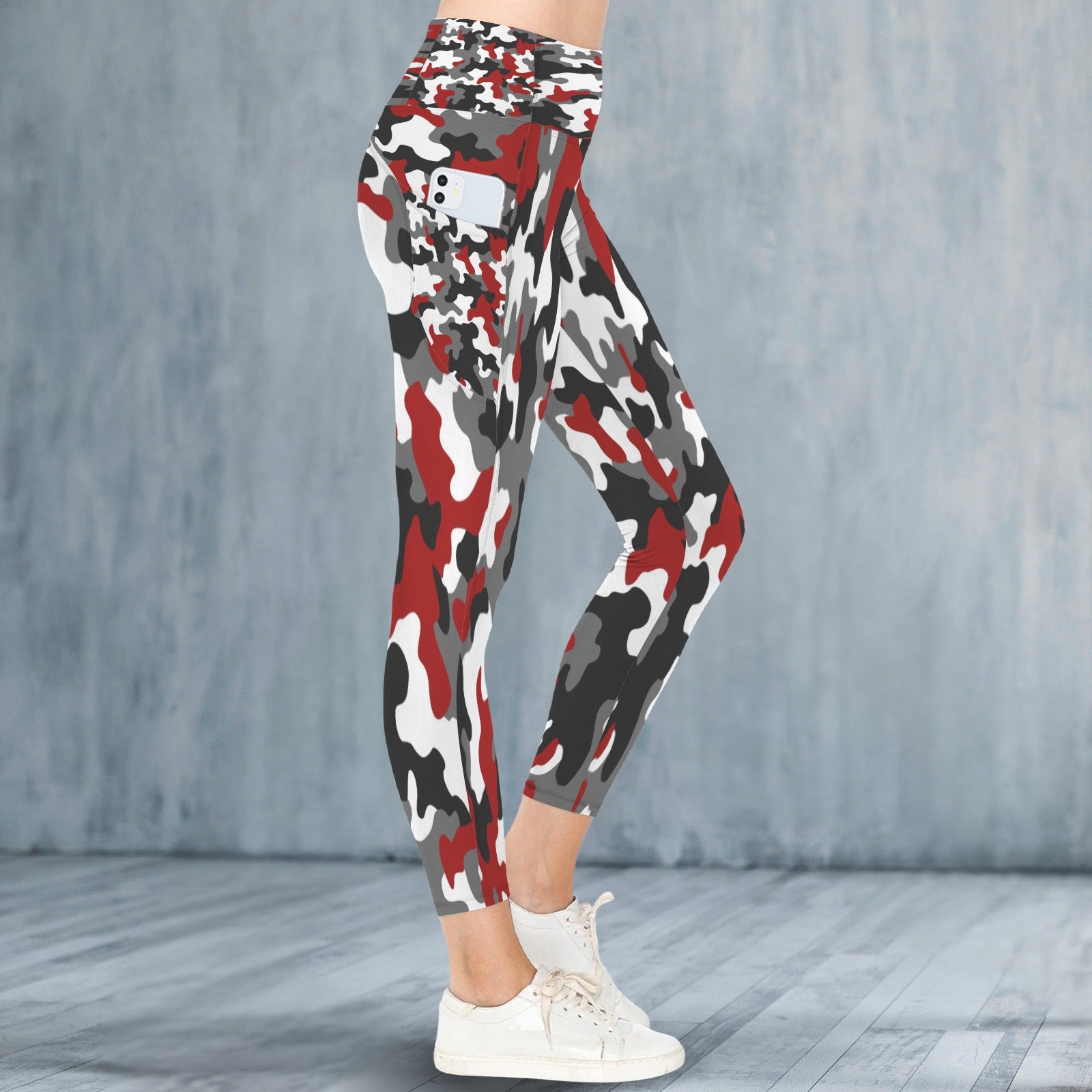 Red and Black Pattern Cammo Leggings With Pocket