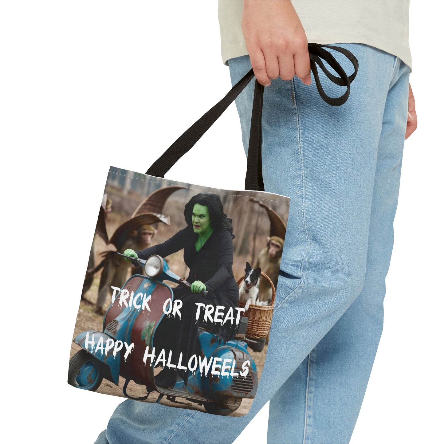 Spooky Halloween Tote Bag - Wicked Witch on Broken Scooter with Toto & Flying Monkeys | Perfect for Trick-or-Treating or Reusable Shopping!