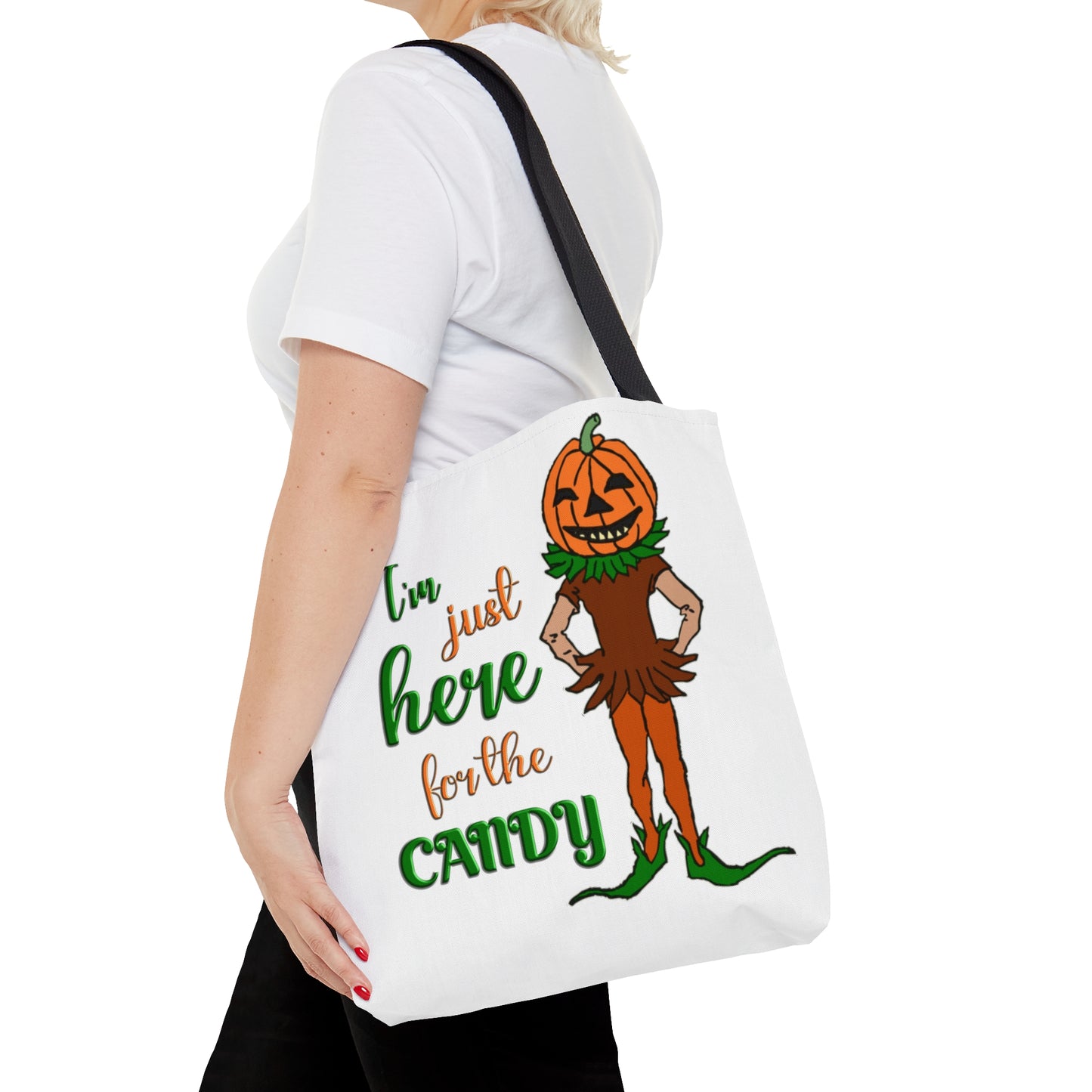 Halloween AOP Tote Bag - Im just here for the candy. Trick-or-treat, Candy Bag, Fall Season, Gift Ideas, Grocery Bag, Pumpkin Bag