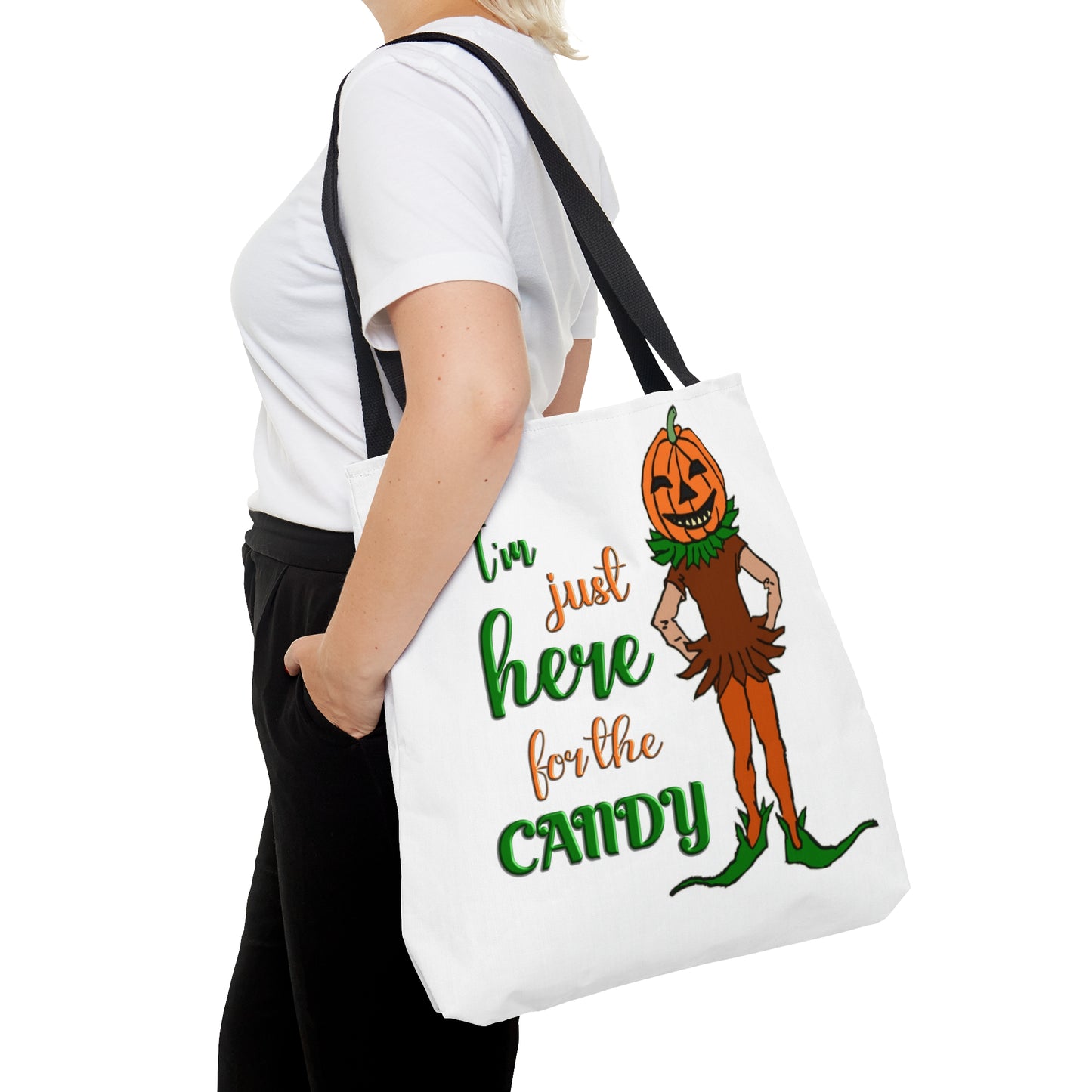 Halloween AOP Tote Bag - Im just here for the candy. Trick-or-treat, Candy Bag, Fall Season, Gift Ideas, Grocery Bag, Pumpkin Bag