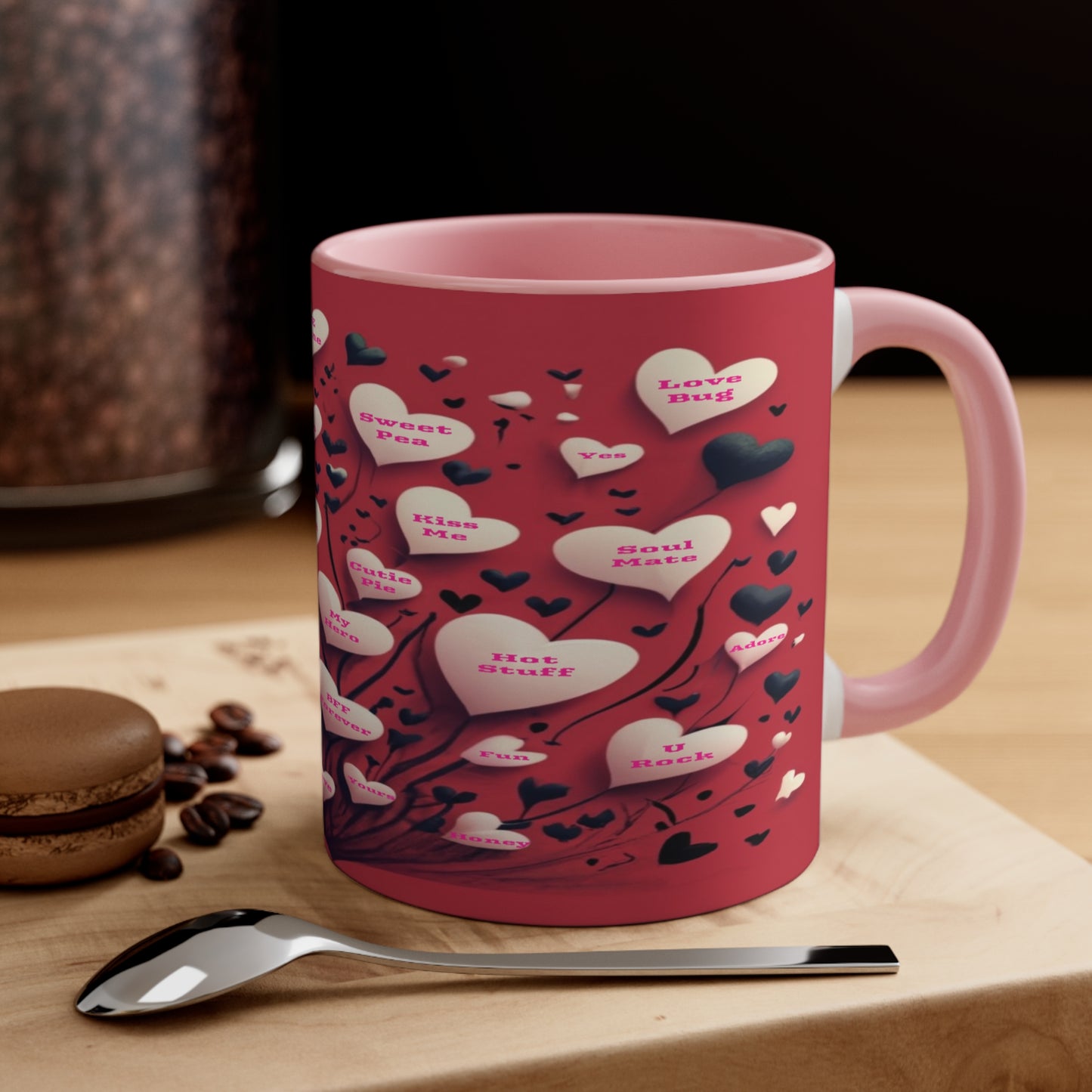 Conversational Hearts Accent Coffee Mug, Nostalgic Love Mug For Valentines Perfect for Any Occasion