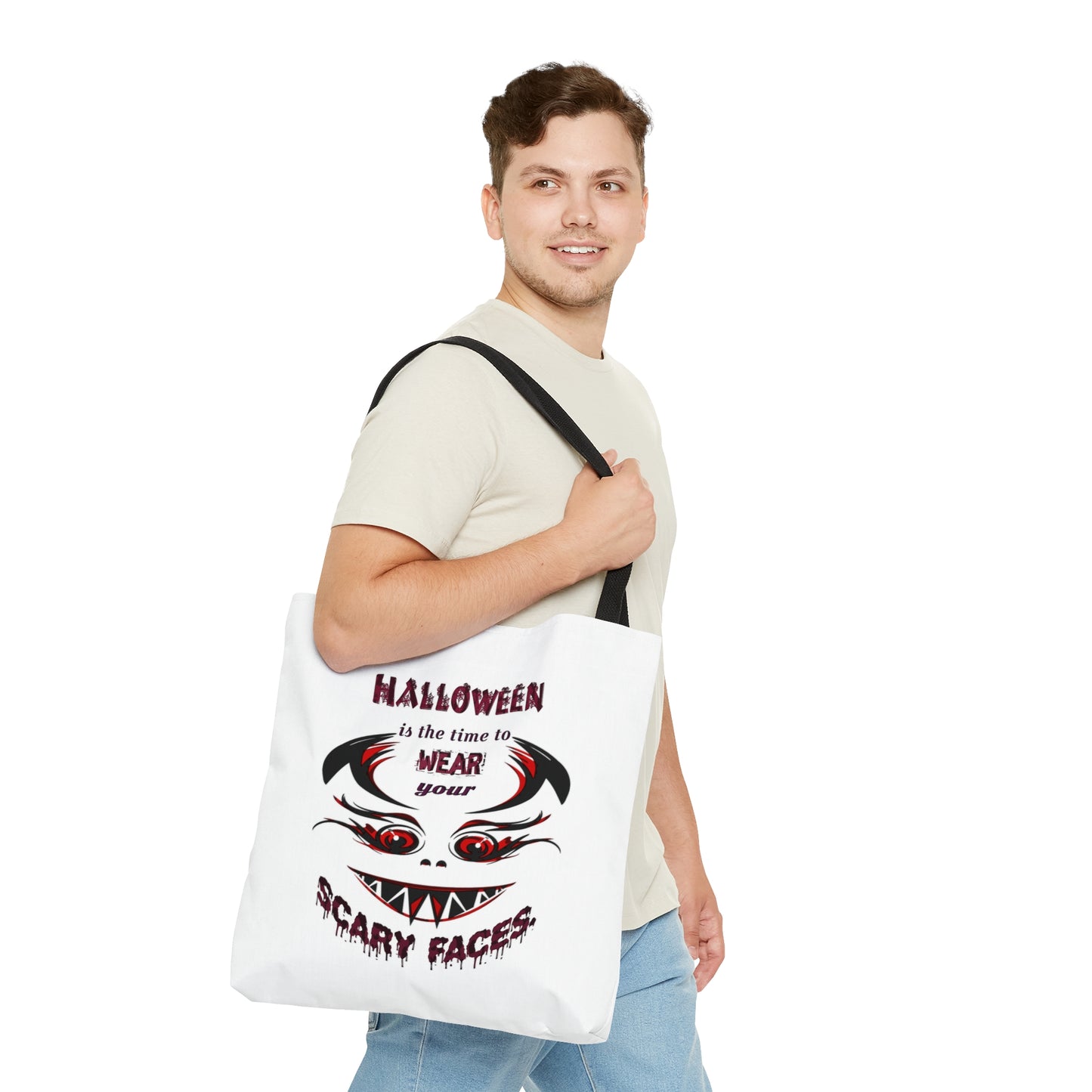 Halloween Large AOP Tote Bag - Halloween is the time to wear your scary faces. - Funny Trick or Treat Bag - Halloween Candy Bag