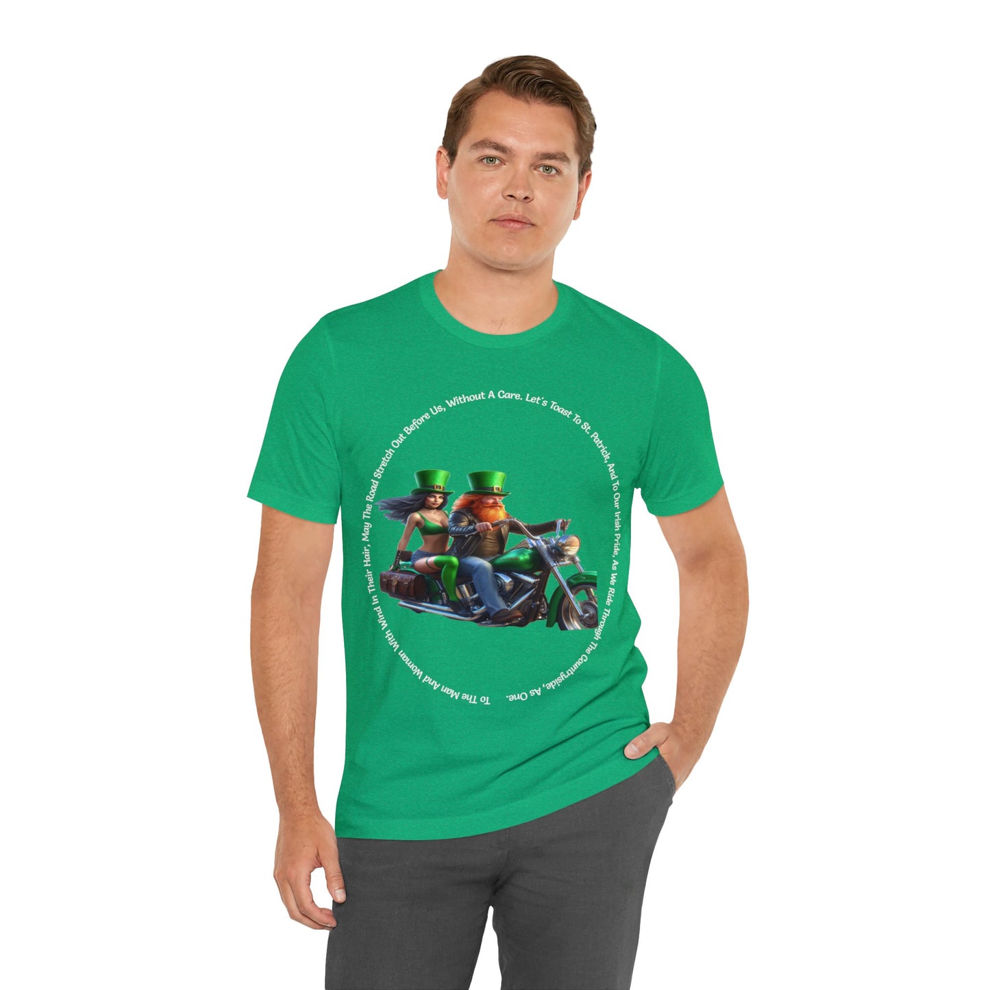 St Patrick's Day 2024 Biker Couple T- Shirt On a Harley With Irish Biker Toast Surrounding Bike Party Shirt Bar Shirt Lucky Shirt Irish Luck