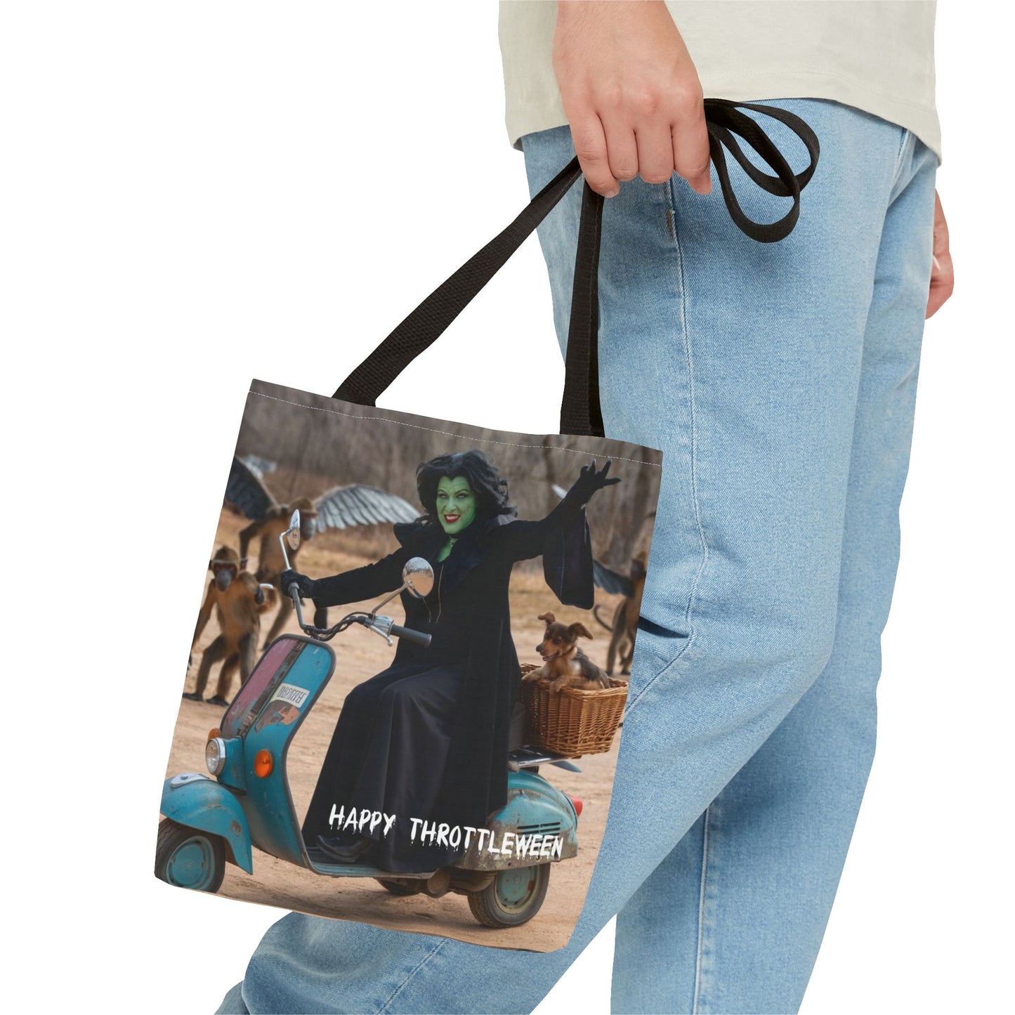 Spooky Halloween Tote/Treat Bag - Wicked Witch on Broken Scooter with Toto & Flying Monkeys | Perfect for Trick-or-Treating or Reusable Shopping!