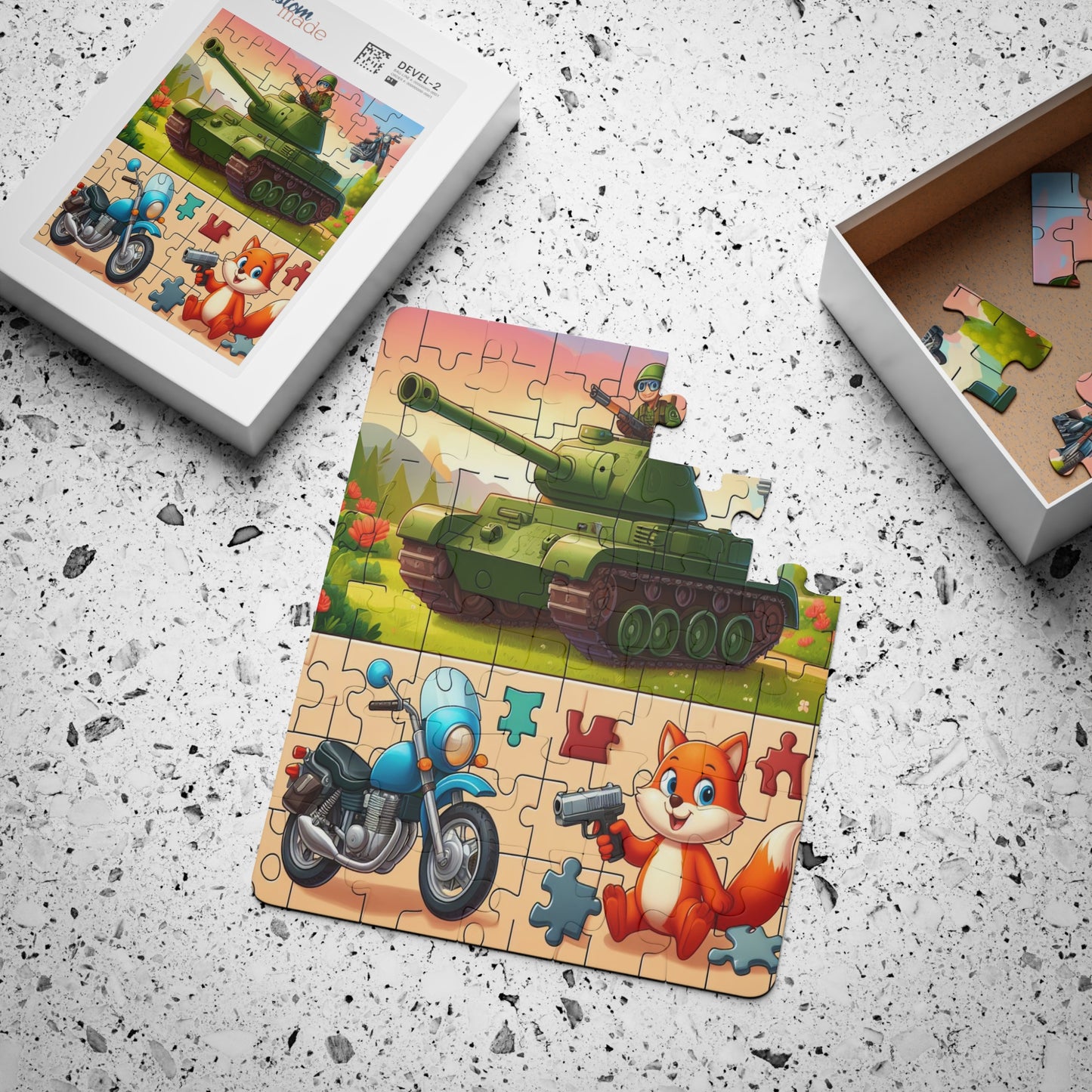 Whimsical Kids Puzzle With Random Generated Army Tank, Motorcycle and , Chipmunk 30 Piece Puzzle, large Pieces Cartoonish Puzzle, Gift For Kids Educational