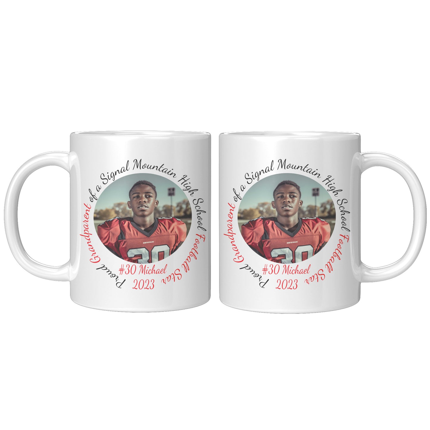 Personalized HIGH SCHOOL Sports 11 Oz Coffee Mug - Personalized with School, Athletes Name and Number, Sport, Relationship, Year, and Picture