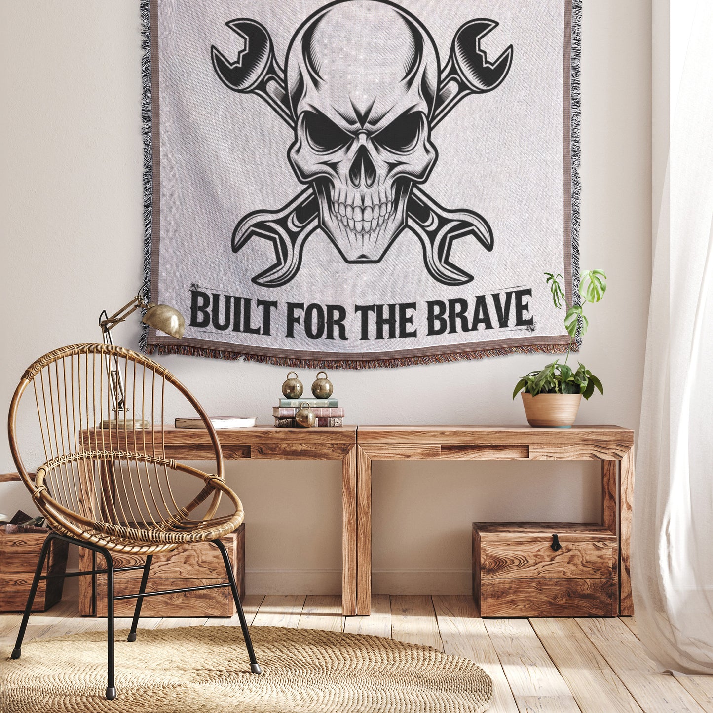 Built for the Brave Skull and Wrenches Woven Blanket - Bold Biker Design for Motorcycle Riders and Enthusiasts