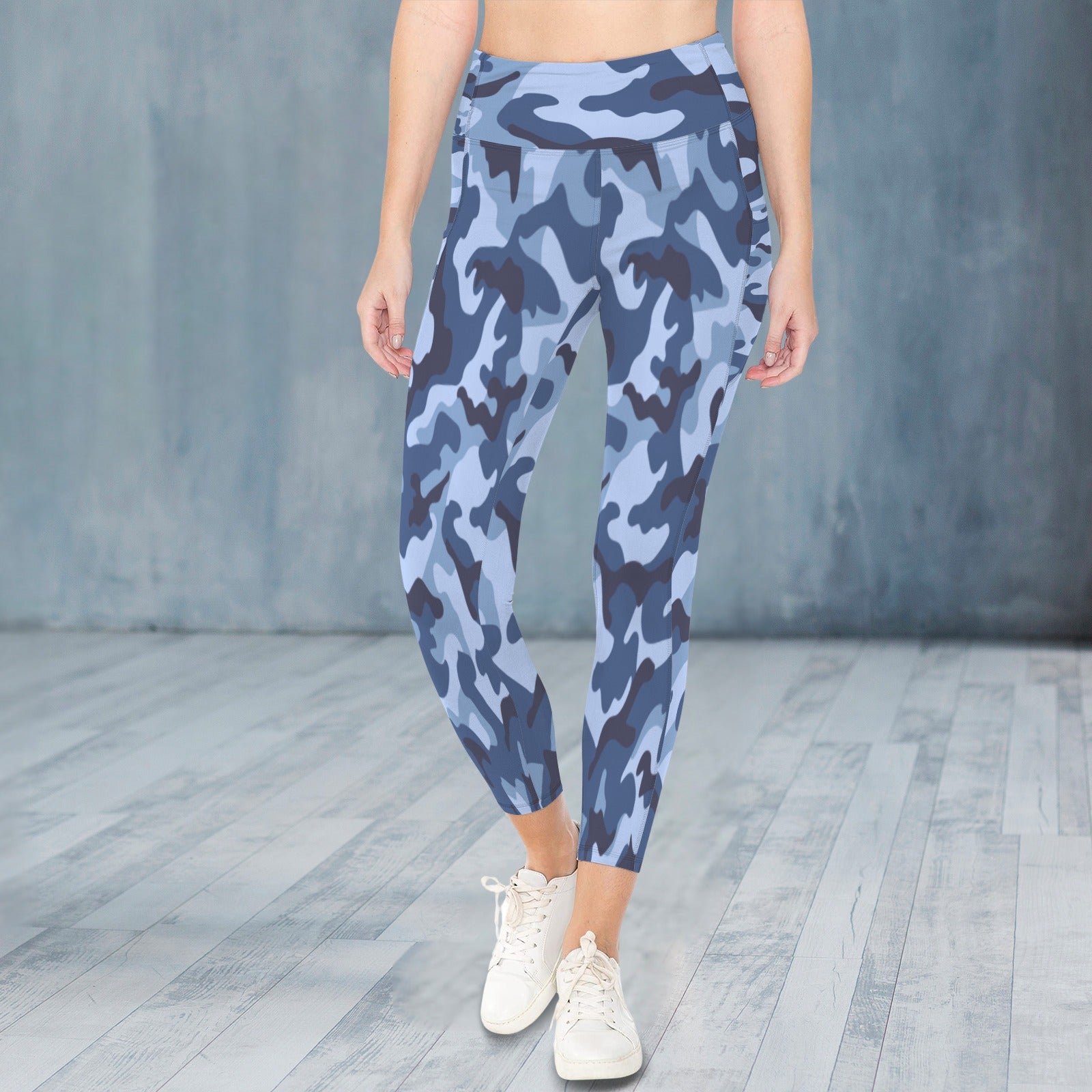 Blue Light Blue and Black Pattern Cammo Leggings With Pocket