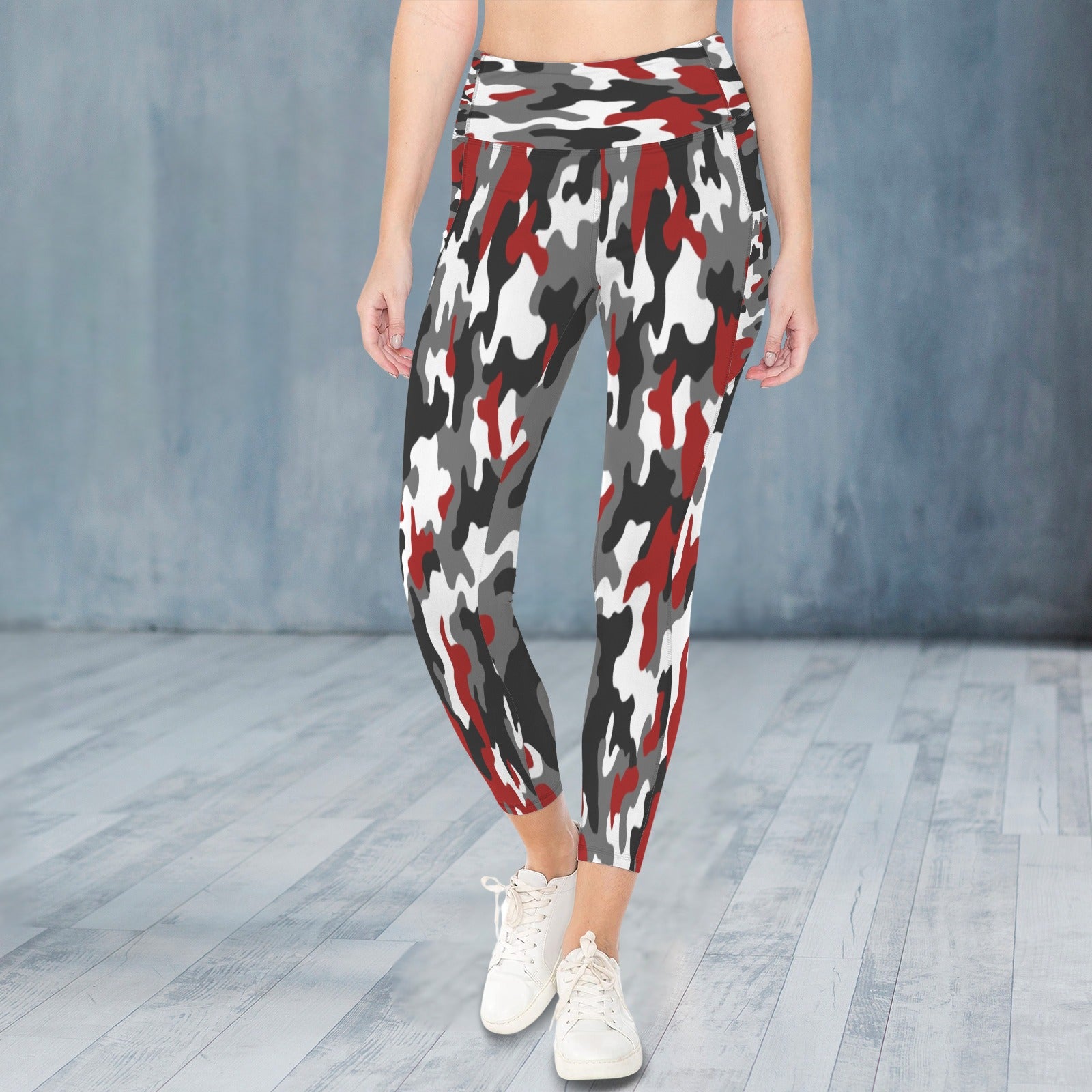 Red and Black Pattern Cammo Leggings With Pocket