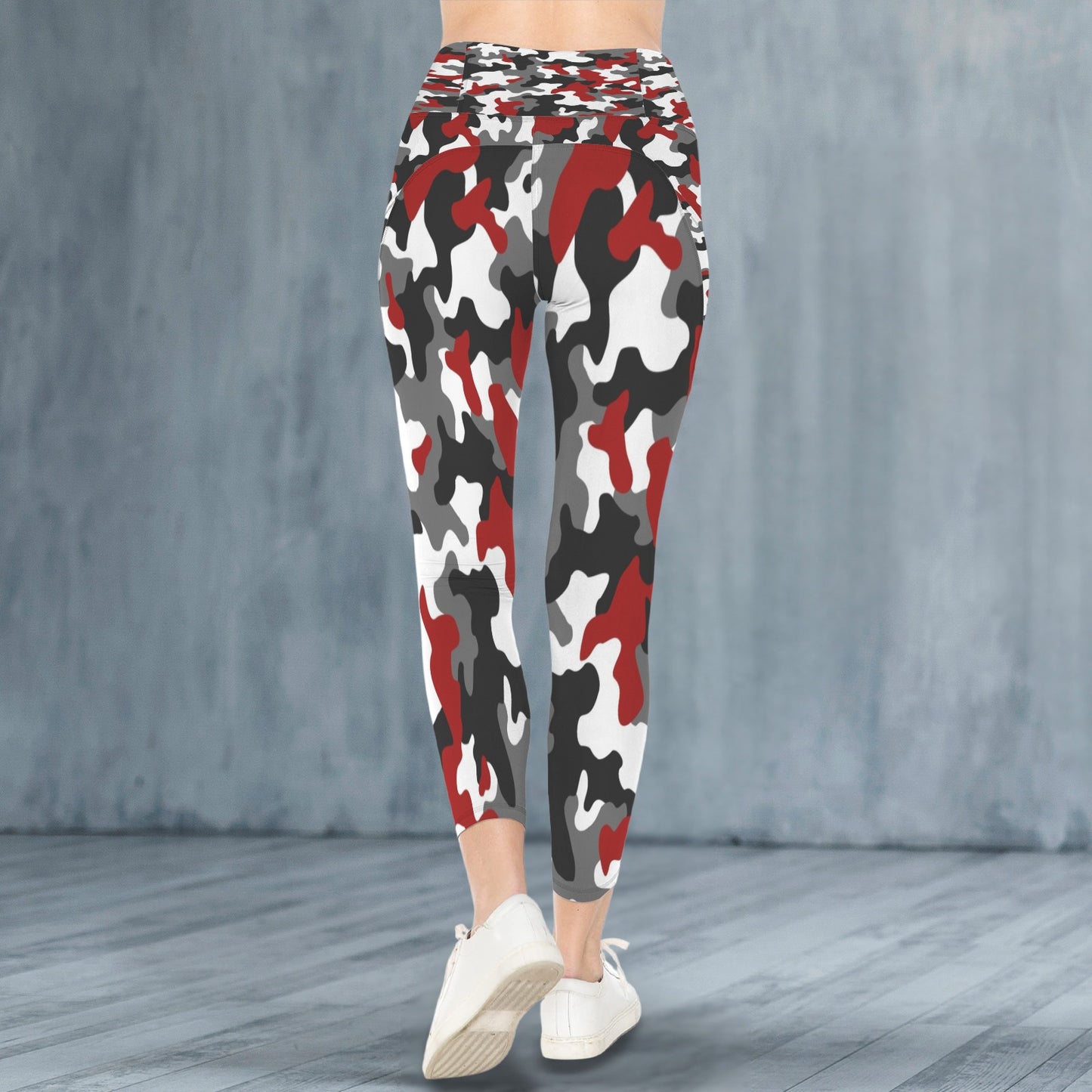 Red and Black Pattern Cammo Leggings With Pocket