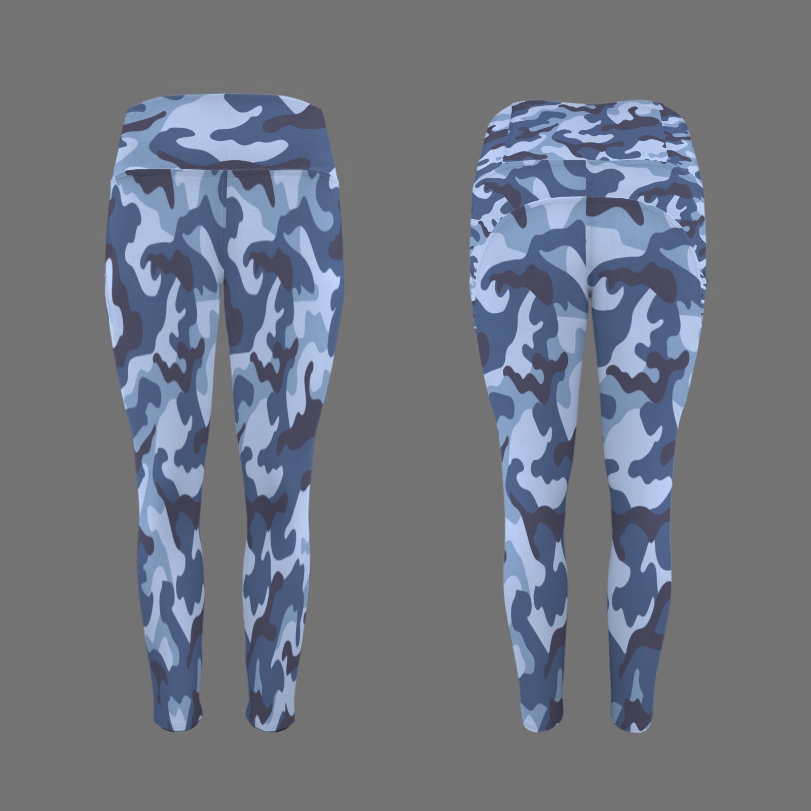 Blue Light Blue and Black Pattern Cammo Leggings With Pocket