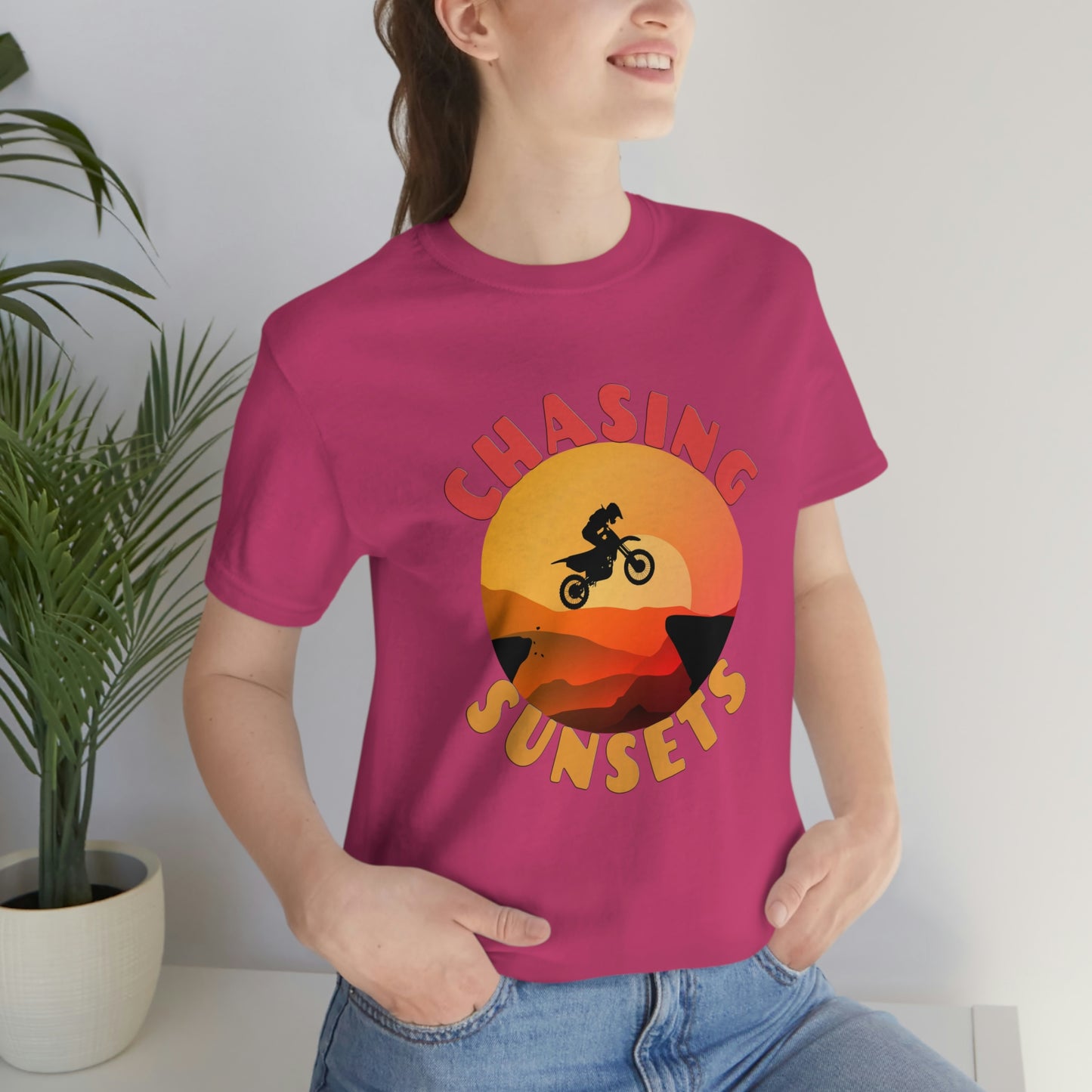 Riding Motorcycle Short Sleeve T-Shirt - CHASING SUNSETS - Forever Chasing Sunsets Shirt - Chasing Sunset Shirt, Rider Shirt, Biker Gift, Motorcycle Shirts