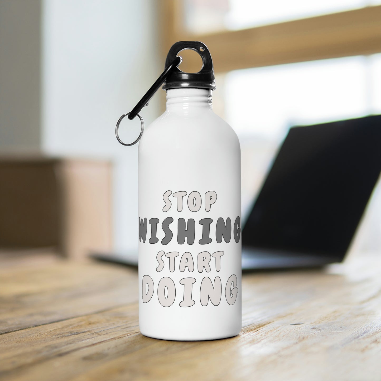 14 oz Stainless Steel Water Bottle with carabiner - Stop wishing start doing.