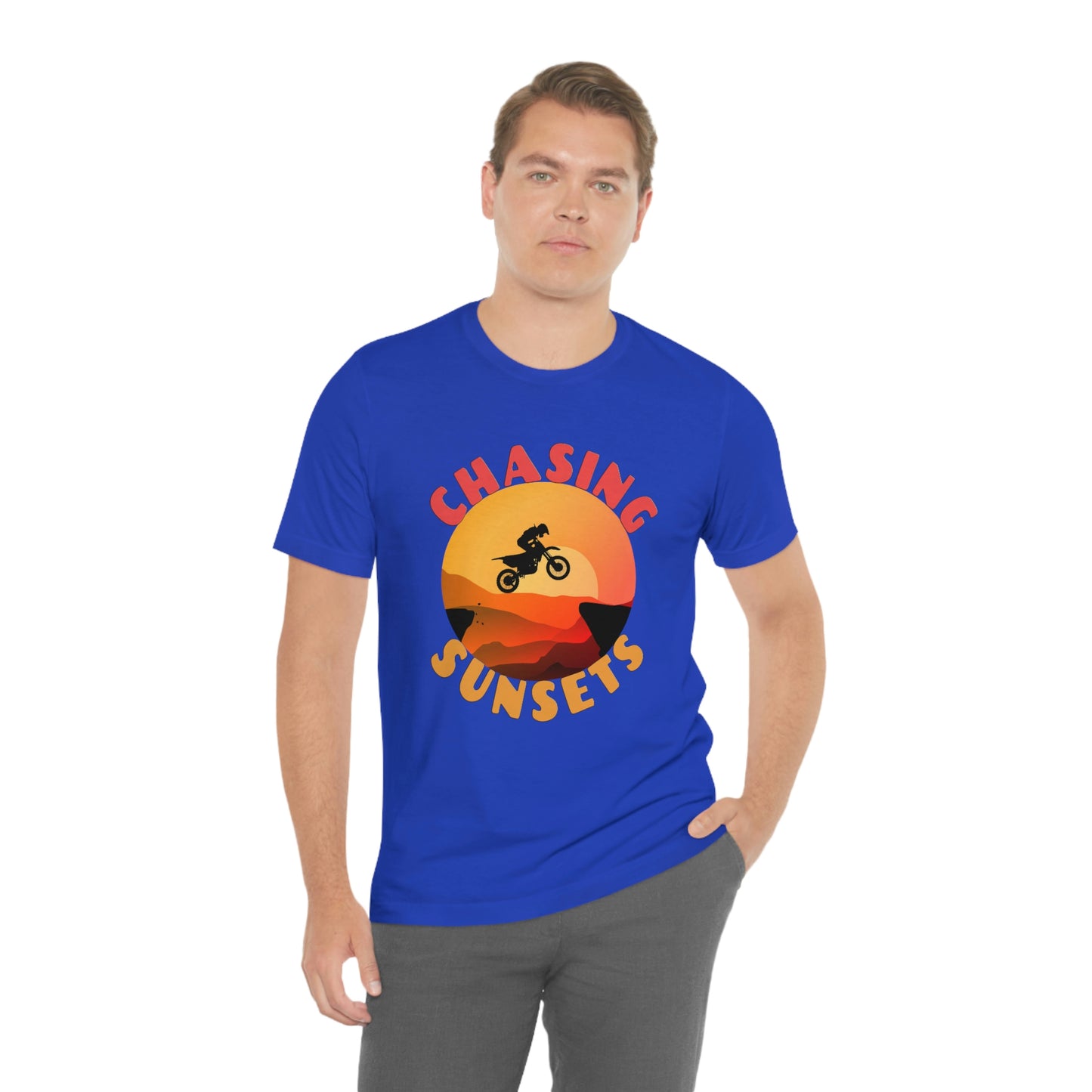 Riding Motorcycle Short Sleeve T-Shirt - CHASING SUNSETS - Forever Chasing Sunsets Shirt - Chasing Sunset Shirt, Rider Shirt, Biker Gift, Motorcycle Shirts