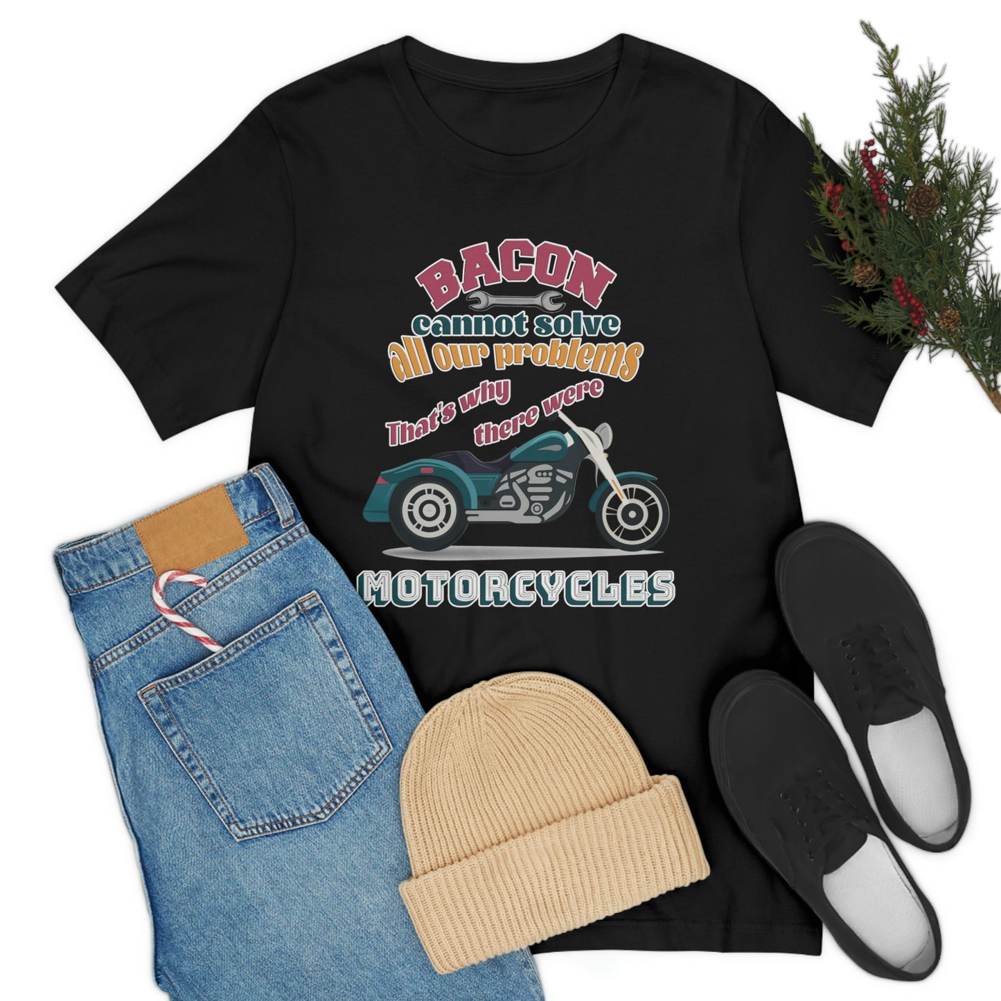 Motorcycle Short Sleeve T-Shirt - Bacon cannot solve all our problems. That's why there were motorcycles. Bacon shirt, Motorcycle shirt, Rider Shirt, Biker Shirt, Gift for Rider, Gift for Biker, Gift for Dad, Gift for Friend