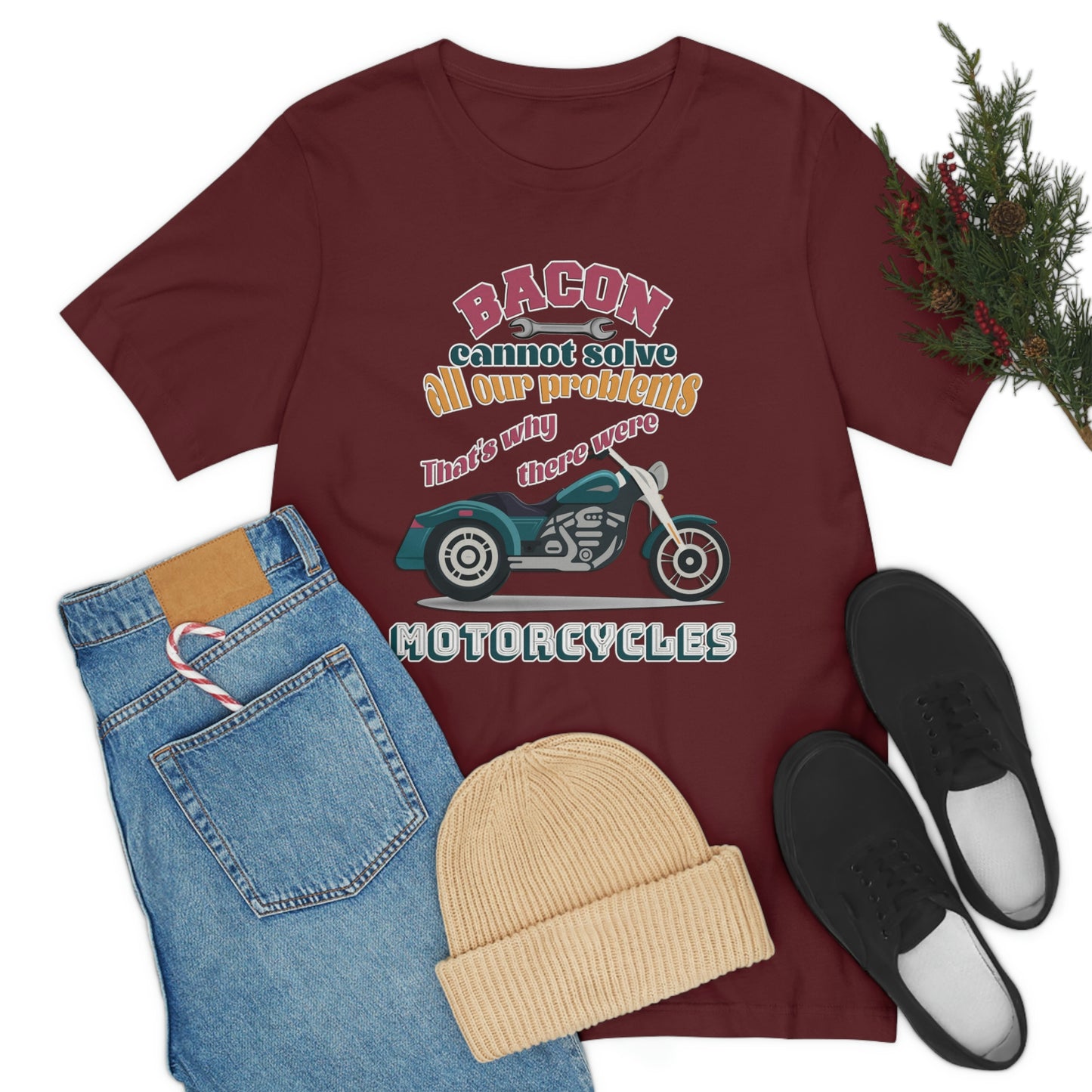 Motorcycle Short Sleeve T-Shirt - Bacon cannot solve all our problems. That's why there were motorcycles. Bacon shirt, Motorcycle shirt, Rider Shirt, Biker Shirt, Gift for Rider, Gift for Biker, Gift for Dad, Gift for Friend