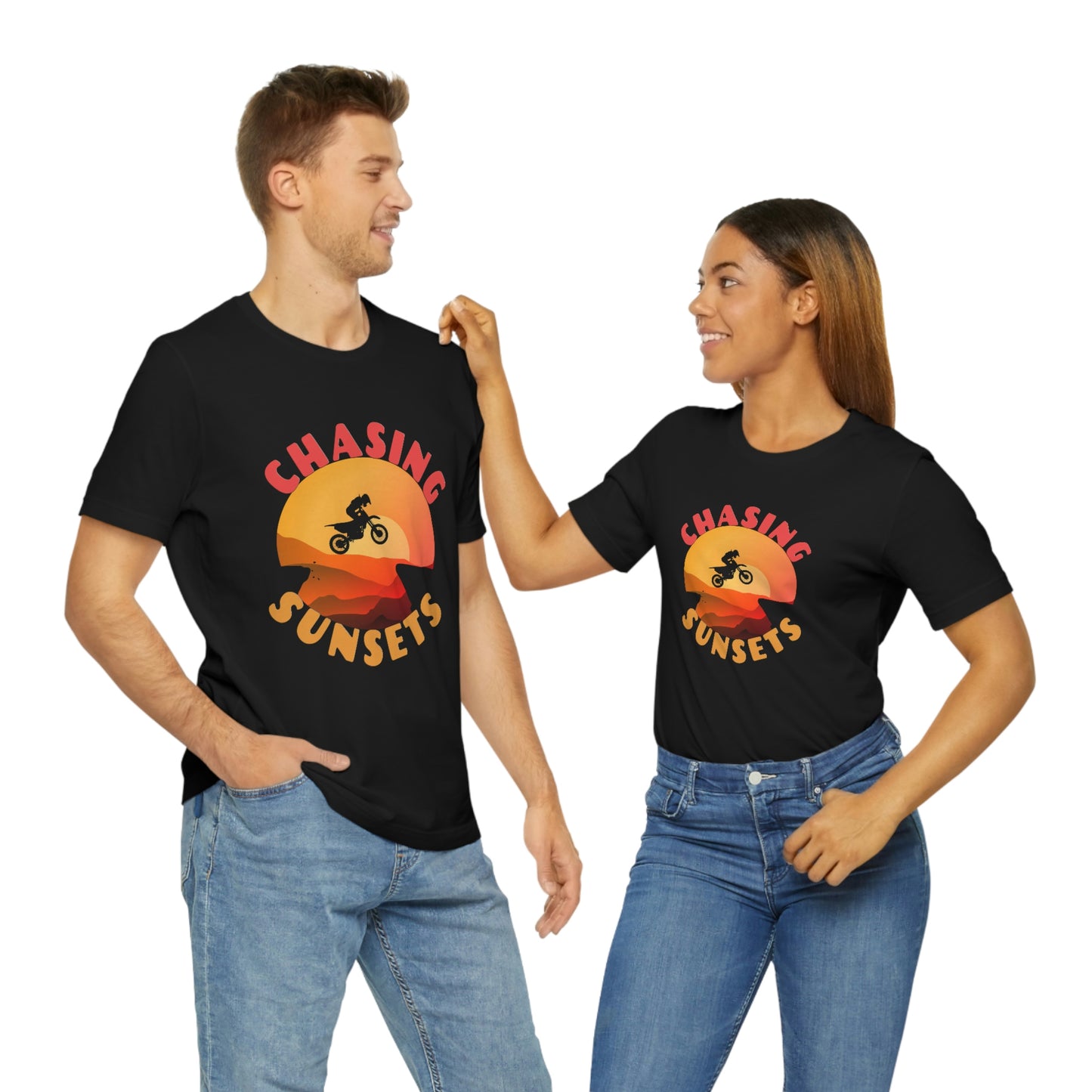 Riding Motorcycle Short Sleeve T-Shirt - CHASING SUNSETS - Forever Chasing Sunsets Shirt - Chasing Sunset Shirt, Rider Shirt, Biker Gift, Motorcycle Shirts