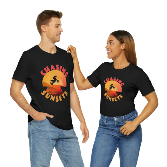 Riding Motorcycle Short Sleeve T-Shirt - CHASING SUNSETS - Forever Chasing Sunsets Shirt - Chasing Sunset Shirt, Rider Shirt, Biker Gift, Motorcycle Shirts