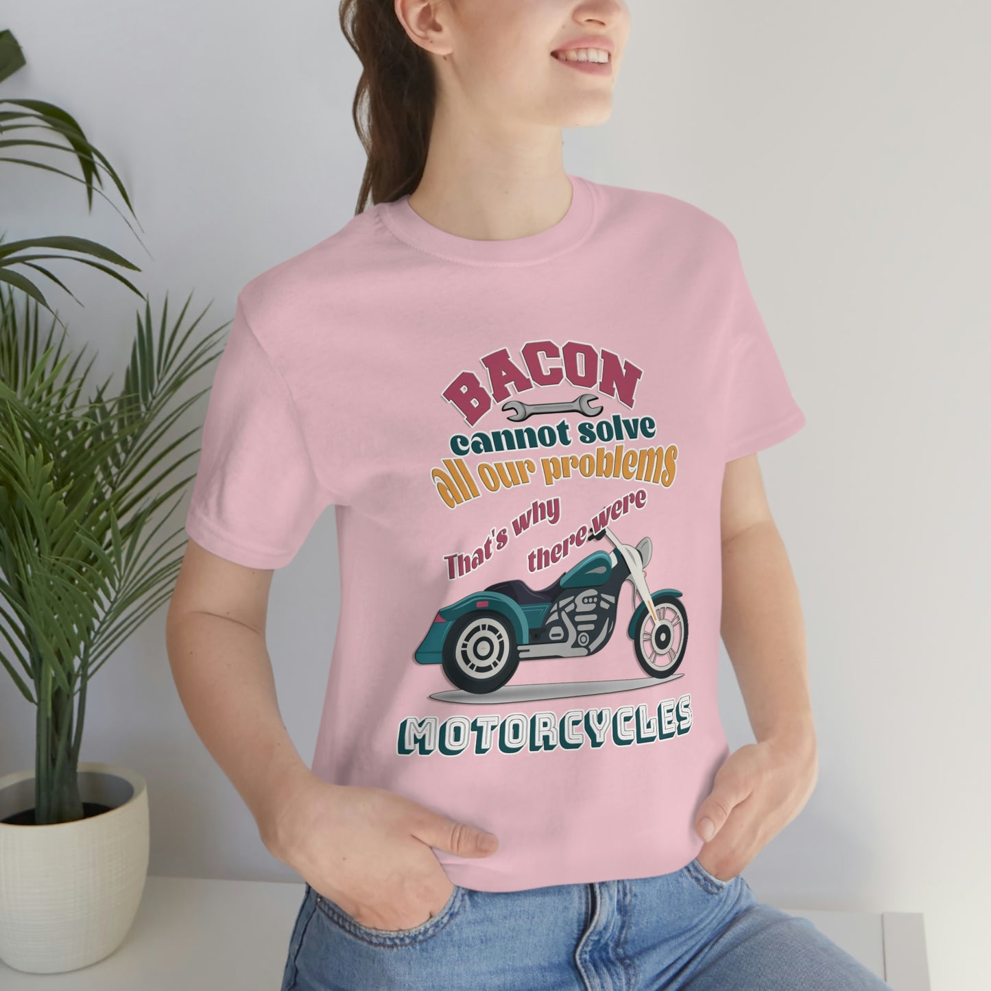 Motorcycle Short Sleeve T-Shirt - Bacon cannot solve all our problems. That's why there were motorcycles. Bacon shirt, Motorcycle shirt, Rider Shirt, Biker Shirt, Gift for Rider, Gift for Biker, Gift for Dad, Gift for Friend