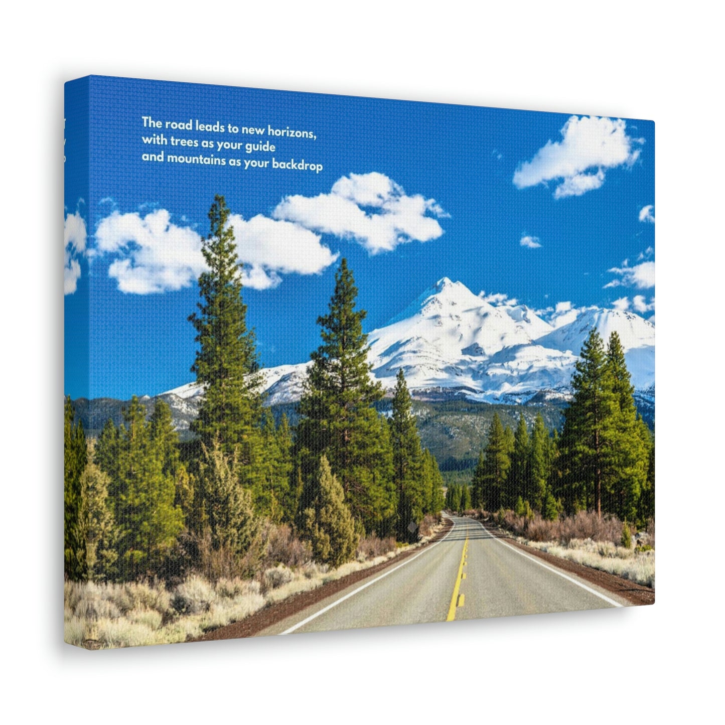 The road leads to new horizons, with trees as your guide and mountains as your backdrop