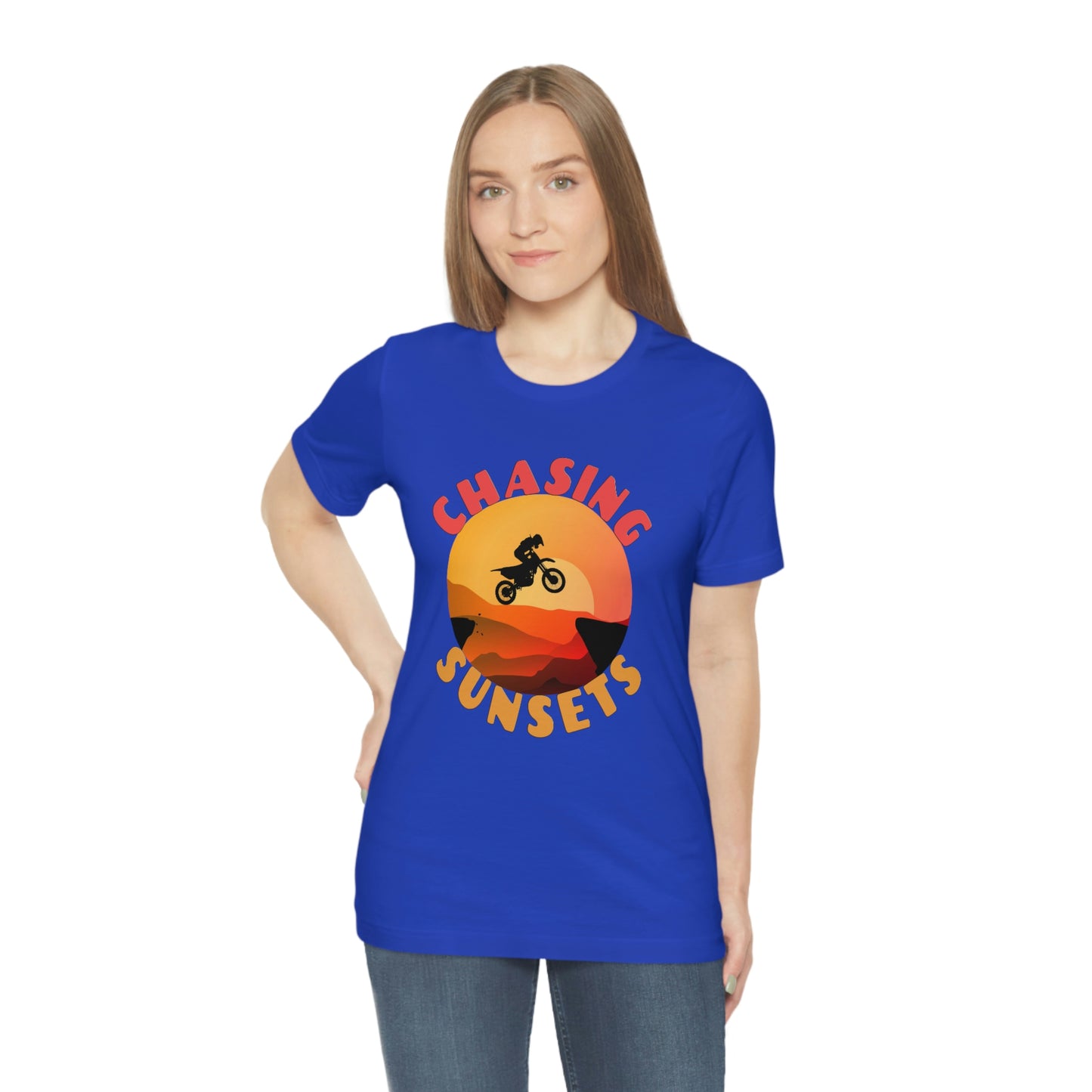 Riding Motorcycle Short Sleeve T-Shirt - CHASING SUNSETS - Forever Chasing Sunsets Shirt - Chasing Sunset Shirt, Rider Shirt, Biker Gift, Motorcycle Shirts