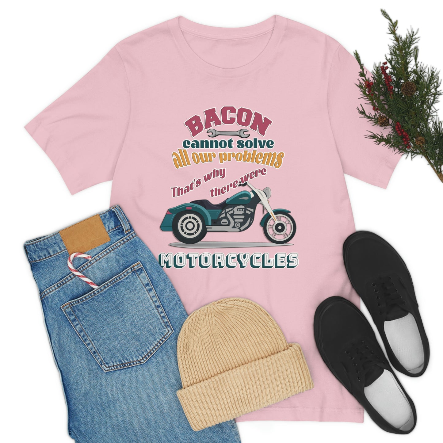 Motorcycle Short Sleeve T-Shirt - Bacon cannot solve all our problems. That's why there were motorcycles. Bacon shirt, Motorcycle shirt, Rider Shirt, Biker Shirt, Gift for Rider, Gift for Biker, Gift for Dad, Gift for Friend