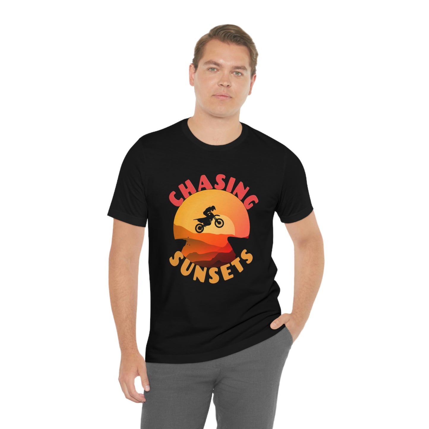 Riding Motorcycle Short Sleeve T-Shirt - CHASING SUNSETS - Forever Chasing Sunsets Shirt - Chasing Sunset Shirt, Rider Shirt, Biker Gift, Motorcycle Shirts