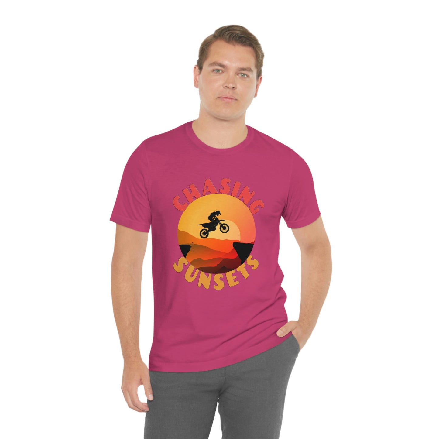 Riding Motorcycle Short Sleeve T-Shirt - CHASING SUNSETS - Forever Chasing Sunsets Shirt - Chasing Sunset Shirt, Rider Shirt, Biker Gift, Motorcycle Shirts